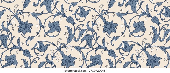 Elegante padrão floral com ornamentos azuis clássicos e vintage damáscara motivos. Design de vetor sem costura perfeito para têxteis de luxo, papel de parede e fundos barrocos decorativos.