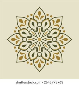 Elegant floral pattern creates a symmetrical design with olive green and golden brown elements, ideal for decorative arts.