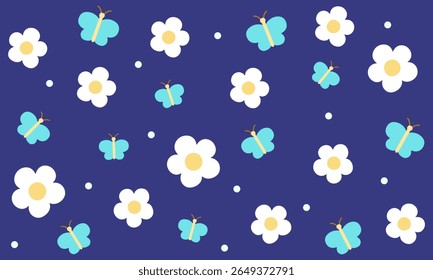 Elegant floral pattern with crisp white flowers and delicate light blue butterflies on a deep dark blue background, offering a high-contrast, graceful, and serene aesthetic.