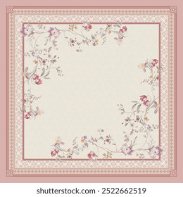 Elegant floral pattern with delicate pink and purple blossoms on a cream background, bordered by intricate geometric designs. Perfect for textiles, wallpapers, or vintage-inspired decorative projects.