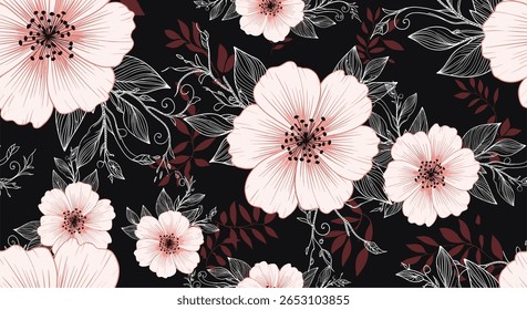 Elegant Floral Pattern Design With Soft Pink Blossoms And Delicate Leafy Accents On A Dark Background