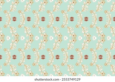 Elegant floral pattern featuring intricate golden leaves, red blossoms, and white flowers on a soft pastel green background, exuding sophistication and timeless beauty