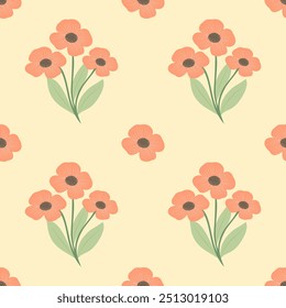 Elegant Floral Pattern Featuring Peach Colored Blooms with Soft Green Leaves on a Light Cream Background, Creating a Calm and Retro Inspired Design Perfect for Fabric, Wallpaper, or Decorative Prints