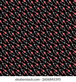 .Elegant floral pattern featuring pink roses on black, perfect for design projects and fabric prints. Its seamless design and artistic flair add charm and versatility to various creative applications.