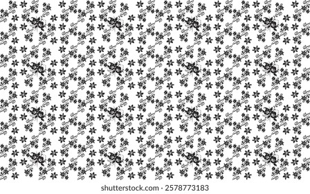 Elegant Floral Pattern Featuring Repeating Black Lily-like Blossoms and Vines on a Clean White Background Creating a Sophisticated and Delicate All-Over Design