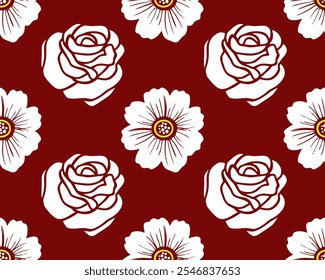 Elegant floral pattern featuring white roses and flowers on deep red background, perfect for textiles and home decor.