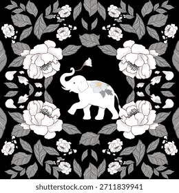 Elegant floral pattern featuring a white decorative elephant surrounded by soft pastel blossoms, perfect for textiles, print design, and stylish background applications.