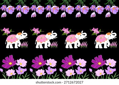 Elegant floral pattern featuring a white decorative elephant surrounded by soft pastel blossoms, perfect for textiles, print design, and stylish background applications.