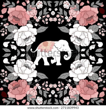 Elegant floral pattern featuring a white decorative elephant surrounded by soft pastel blossoms, perfect for textiles, print design, and stylish background applications.
