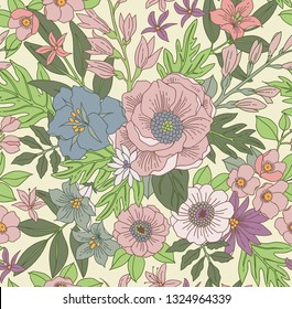 Elegant floral pattern in hand draw flowers. Liberty style. Floral seamless background for fashion prints. Ditsy print. Seamless vector texture. Spring bouquet.
