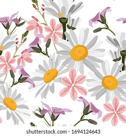 Elegant floral pattern with hand draw flower. Liberty style. Floral seamless background for fashion prints. Vintage print.  Spring bouquet. Many kind of wild flowers.