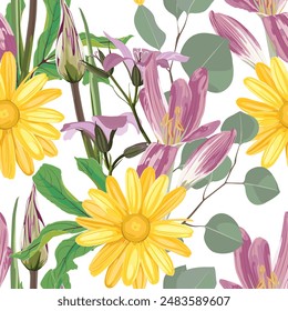 Elegant floral pattern with hand draw daisy camomile flowers and eucalyptus.  Floral seamless background for fashion prints. Vintage print.  Spring bouquet.