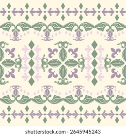 Elegant floral pattern inspired by vintage Thai motifs in soft green, lavender tones. Features intricate leaves, vines, ornamental border evoke a sense of tradition and natural elegance. Textile Silk