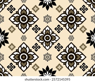 An Elegant floral pattern with intricate designs in black, white, and beige tones, perfect for textiles or wallpaper