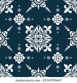 An Elegant floral pattern with intricate designs on dark background, featuring various shapes and motifs that create harmonious and artistic look