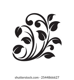 Elegant floral pattern with leaves and swirls in black silhouette,Beautiful botanical design with flowing leaves and curves