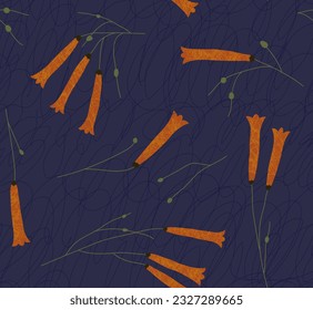 Elegantes Blumenmuster aus dünnen Zweigen und orangefarbenen, strukturierten Russelifenköpfen auf dunkelviolettem Hintergrund. Leichte romantische Oberflächengestaltung für Textilien und Dekoration.