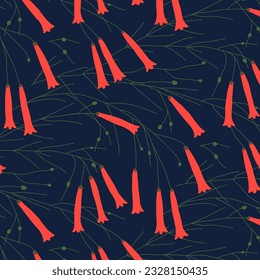 Elegant  floral pattern made of thin twigs and red russelia flower heads on dark blue background. Floral surface design for textiles and decoration.
