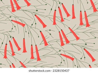 Elegant  floral pattern made of thin twigs and red textured russelia flower heads on beige background. Romantic botanical surface design for textiles and decoration.