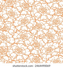 Elegant floral pattern with marigold flowers. Contour pattern, floral seamless background for fashionable prints in orange. Vintage print. Seamless vector texture.