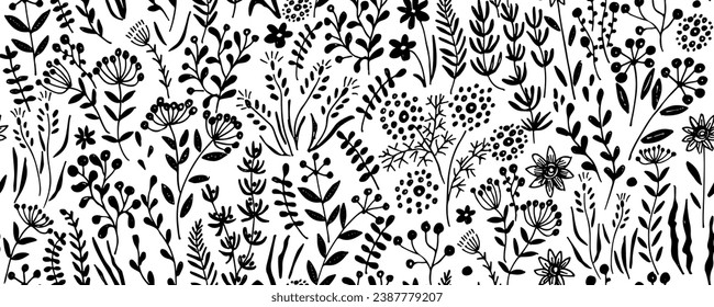 Elegant floral pattern meadow wild flowers. Floral seamless background for fashion prints. Ditsy print. Abstract plant motif. Black brush painted floral ornament. Spring bouquet.