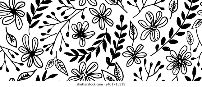 El elegante patrón floral predomina flores silvestres. Fondo floral sin fisuras para las impresiones de moda. Impresión Ditsy. Resumen del motivo de la planta. Pincel negro pintado con adorno floral.