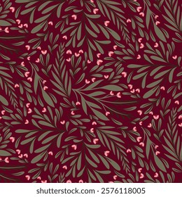 Elegant floral pattern on red wine background, seamless pattern, vector illustration. 