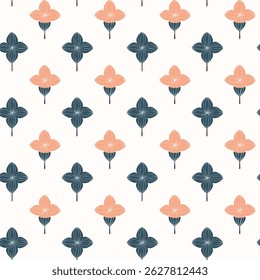 Elegant bloemmotief met perzik en groenblauwe geometrische bloemen op een schone witte achtergrond