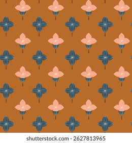 Elegant floral pattern with peach and teal geometric flowers on a warm brown backdrop