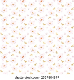 Elegant floral pattern with pink blossoms and orange accents on light background.