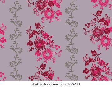 Elegant Floral Pattern in Pink and Gray on a Light Purple Background