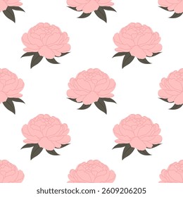 Elegant floral pattern with pink peonies on white background. For fabric design, packaging, stationery.