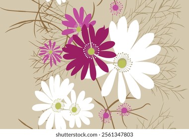 Elegant floral pattern with purple and white flowers on a beige background.