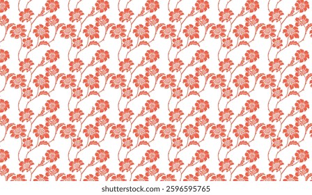 Elegant floral pattern with repeating crimson blossoms and delicate tendrils on a white background creating a seamless and sophisticated design suitable for textile or wallpaper