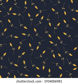 Elegant floral pattern. Seamless blue background with yellow roses. Beautiful little buds. Print for fabric, packaging, web. Vintage vector design.