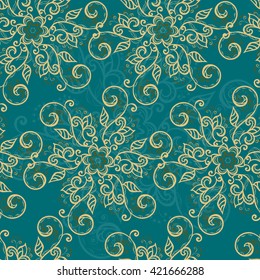 Elegant floral pattern. Seamless texture with turquoise blue background and elegant floral motives. Use: textile, wrapping paper, wallpaper, ceramic tiles, decoupage, scrapbook, decorative element