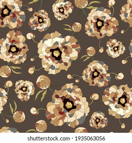 Elegant floral pattern. Seamless vector printing with stylized peony flowers. Beautiful botanical composition on a beige background. Template for textile design, fabric, wallpaper, gift wrapping.