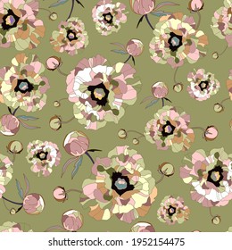 Elegante estampado floral. Impresión vectorial sin inconvenientes con flores peony estilizadas. Hermosa composición botánica sobre un fondo beige. Dibujar textura de flores silvestres.