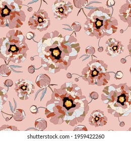 Elegant floral pattern. Seamless vector printing with stylized peony flowers. Beautiful botanical composition on pastel pink background. Drawn wild flower texture.