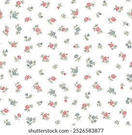 Elegante estampado floral en Pequeñas flores azules y rojas. Estilo Liberty. Fondo floral sin fisuras para estampados de moda. Impresión sucia. Textura de Vector sin costuras. Ramo de primavera. El fondo blanco.