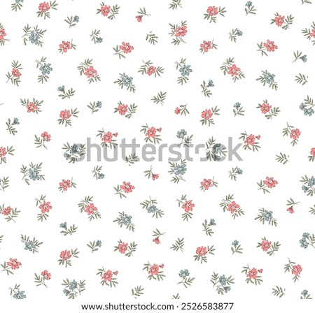 Elegant floral pattern in small blue and red flowers. Liberty style. Floral seamless background for fashion prints. Ditsy print. Seamless vector texture. Spring bouquet. White background.