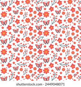 Elegante patrón floral en Pequeñas flores de colores y mariposa. Estilo Liberty. Fondo floral sin costuras para estampados de moda. Impresión diminuta. Textura de Vector sin costuras.