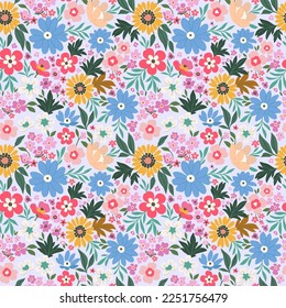 Elegant floral pattern of small field hand-drawn flowers. Liberty style. Floral seamless background for fashionable prints. Vintage print. Seamless vector texture.
