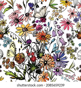 Elegante estampado floral con pequeñas flores y mariposas dibujadas a mano. Estilo de la libertad. Fondo floral sin fisuras. Impresión vintage. Textura vectorial sin inconveniente, sello. Ramo de verano.