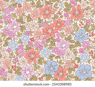 Elegante padrão floral em pequenas mãos desenham flores. Estilo Liberty. Fundo floral perfeito para impressões de moda. Impressão vintage. Textura de vetor uniforme. Buquê de primavera.