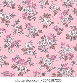 Elegante padrão floral em pequenas mãos desenham flores. Estilo Liberty. Flores cor-de-rosa e brancas. Fundo floral perfeito para impressões de moda. Impressão vintage. Textura de vetor uniforme. Buquê de primavera.