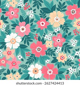 Elegant floral pattern in small hand draw flowers. Liberty style. Floral seamless background for fashion prints. Vintage print. Seamless vector texture. Spring bouquet. Pink, white and coral flowers.