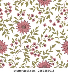 Elegant floral pattern in small hand draw flower. Liberty style. red with green leaf Floral seamless background for fashion prints. Vintage print. Seamless vector texture. Spring bouquet. 