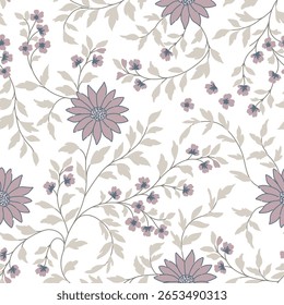 Elegant floral pattern in small hand draw flower. Liberty style. purple with beige leaf Floral seamless background for fashion prints. Vintage print. Seamless vector texture. Spring bouquet. 