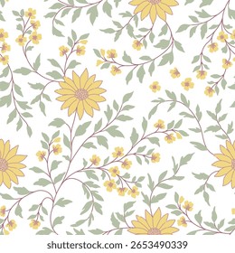 Elegante patrón floral en Pequeña flor dibujada a mano. Estilo de la libertad. amarillo con la hoja verde Fondo inconsútil floral para las impresiones de la moda. Impresión de Antiguas. Textura de Vector sin costuras. Ramo de primavera. 